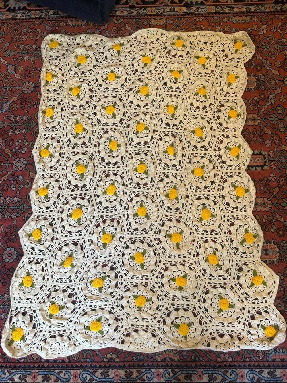 Vintage Handmade Crochet Blanket White With Yellow Flowers